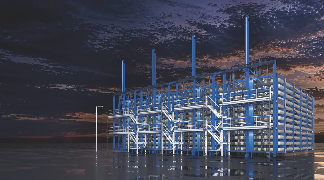 Visualisierung eines Anlagenkonzepts mit vier Speicherblöcken zu je sechs Modulen